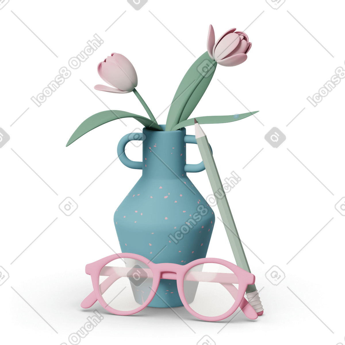 Vase with tulips glasses and pencil illustration in 3D Casual life style download in PNG, SVG