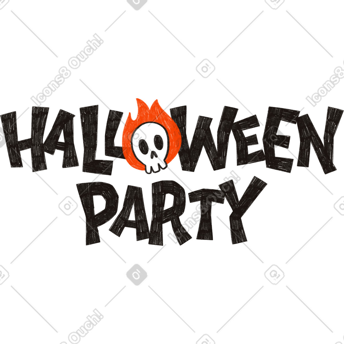 スタイルの Halloween party lettering texture text with the skull in flame のイラストをPNG、SVG形式でダウンロード
