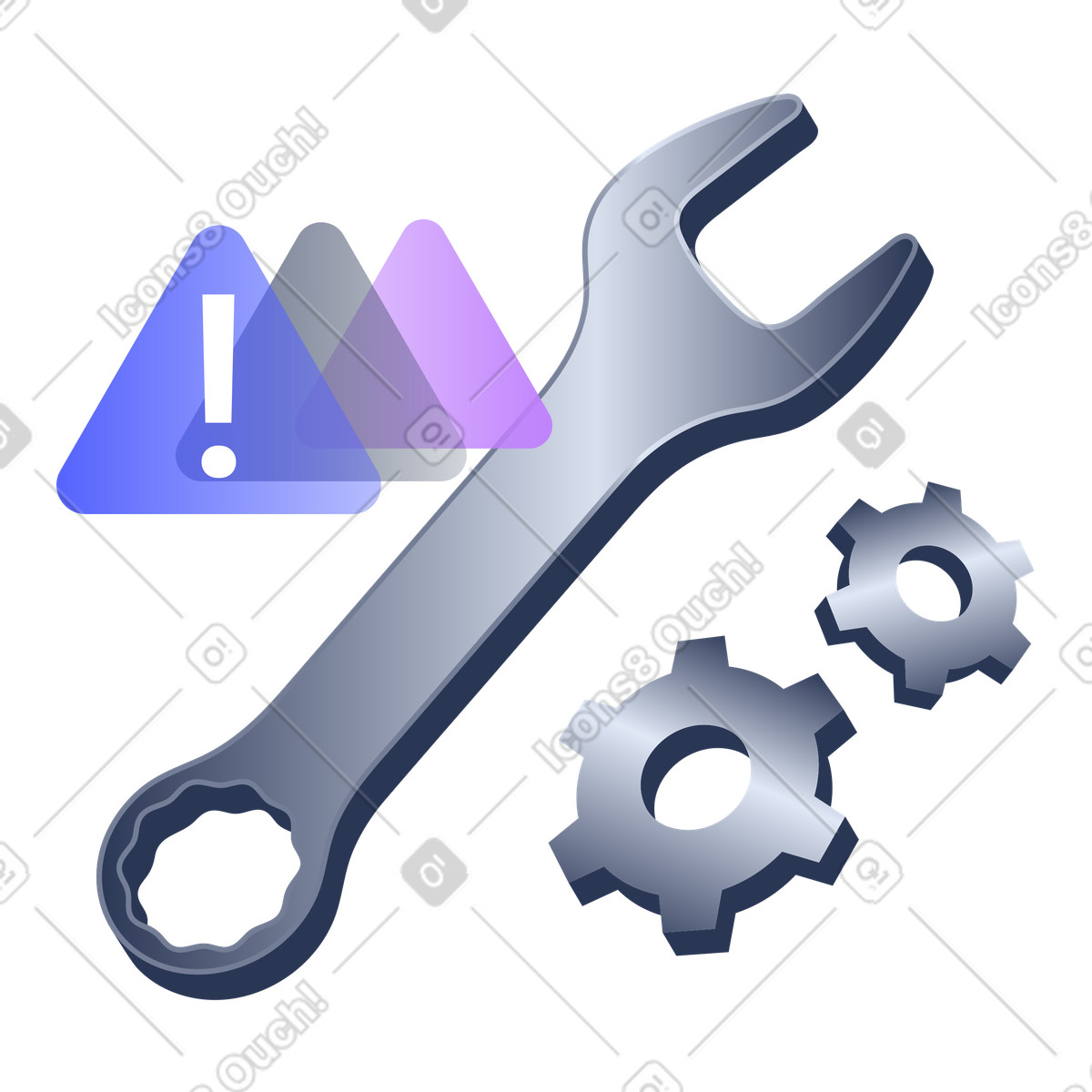System Maintenance and Error Resolution, Technical Support and Issue Fixing, Wrench with gears and warning icon illustration in PNG, SVG