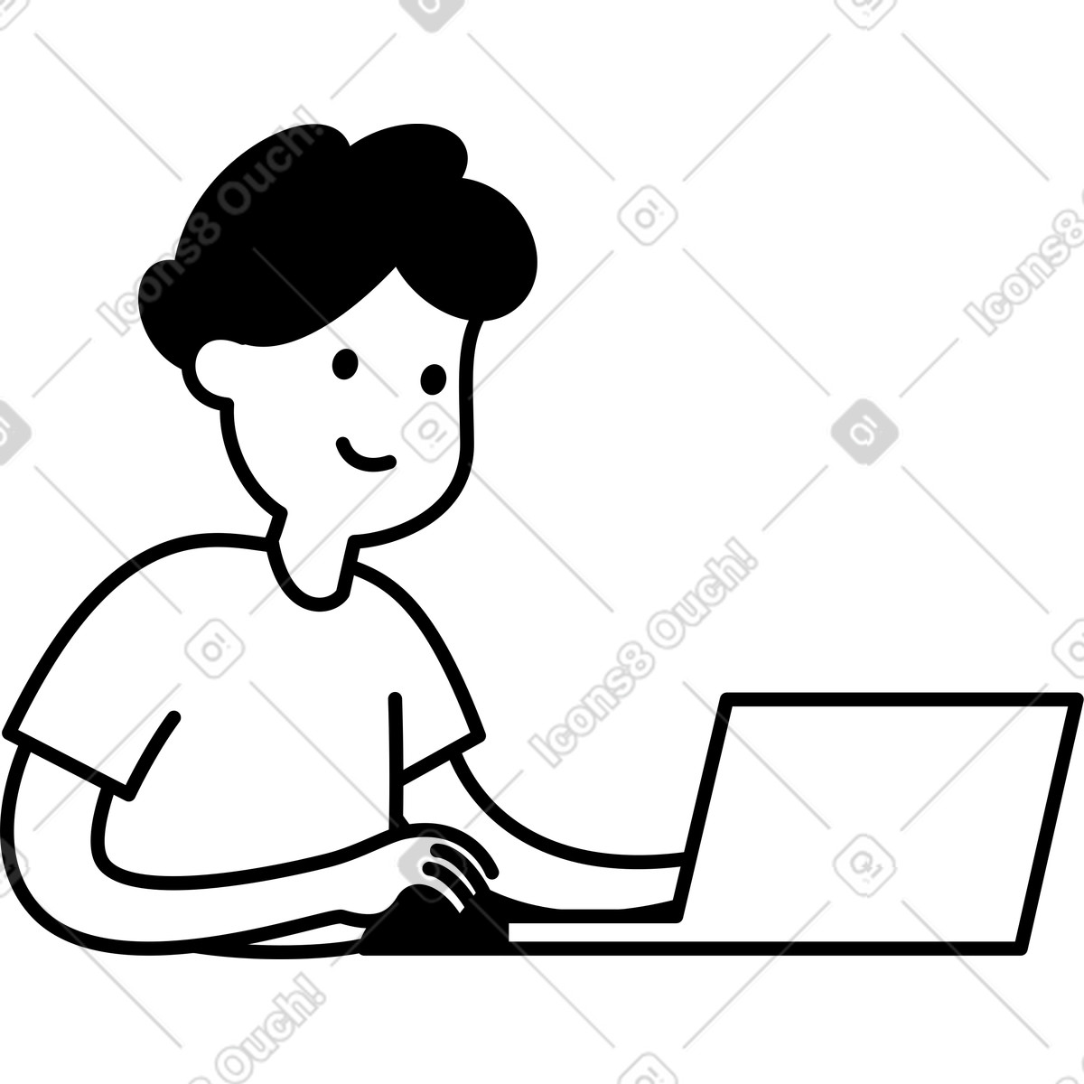 Notion Line Art スタイルの Laptop user typing keyboard with relaxed smile and simple lines のイラストをPNG、SVG形式でダウンロード