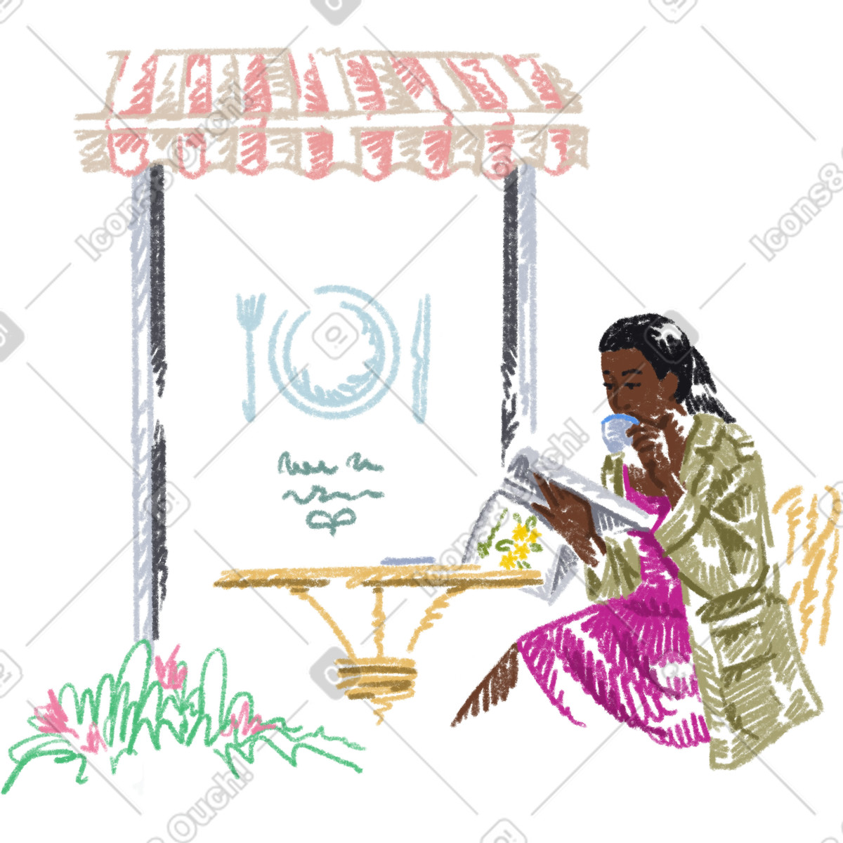 Young woman drinking coffee and reading a magazine in an outdoor cafe illustrazione stile Sketchbook scarica PNG, SVG