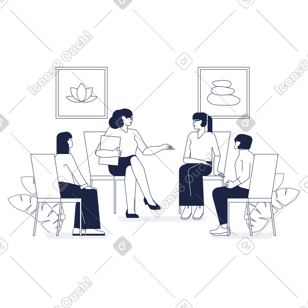 Ilustración Psicólogo realiza psicoterapia de grupo con personas en estilo Urban Line a descargar en PNG y SVG