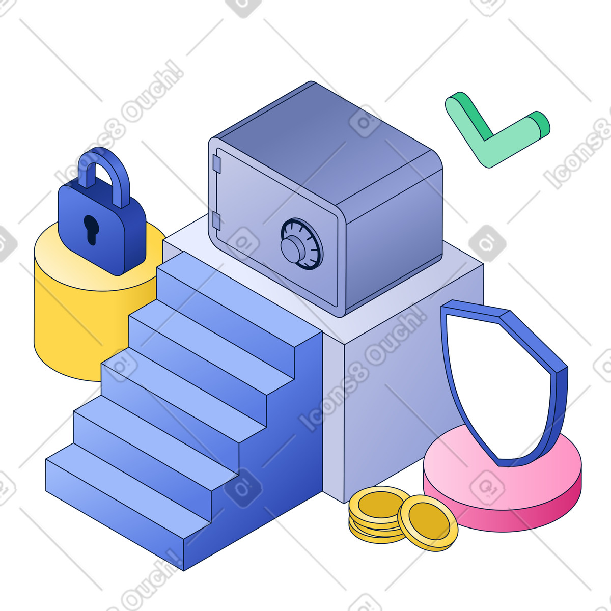 Safe with money, lock, and shield illustration in Neat style download in PNG, SVG