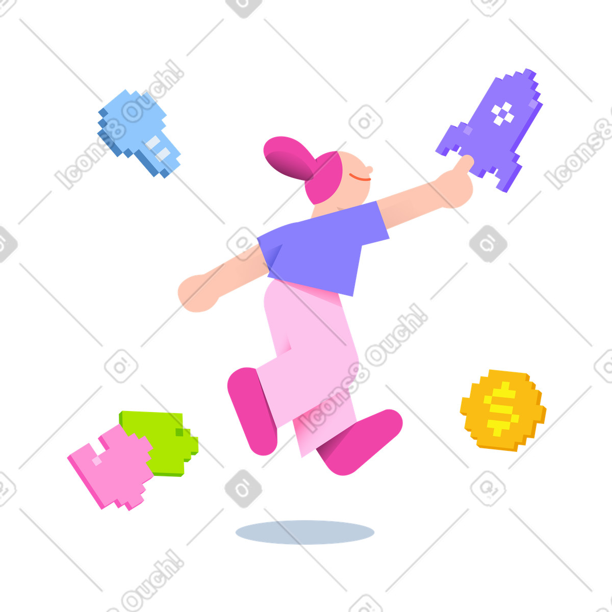 Ilustración Mujer revisando el lanzamiento de una startup en estilo 8bit a descargar en PNG y SVG
