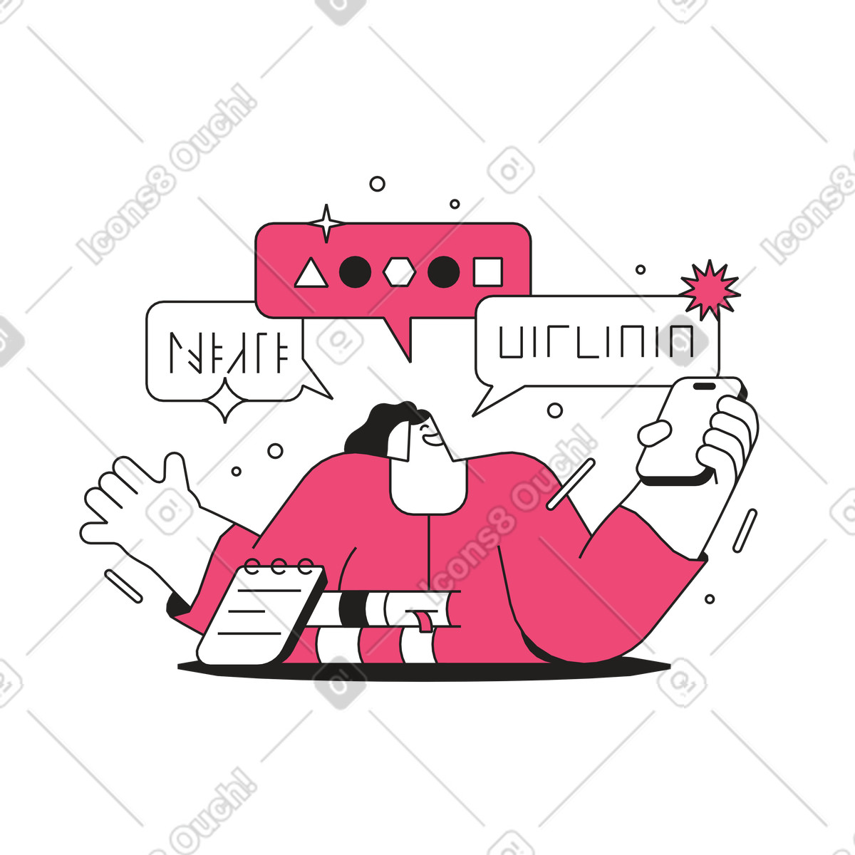 Learner interacting with language app on phone, Digital learning of foreign languages illustration in Dazzle Line style download in PNG, SVG