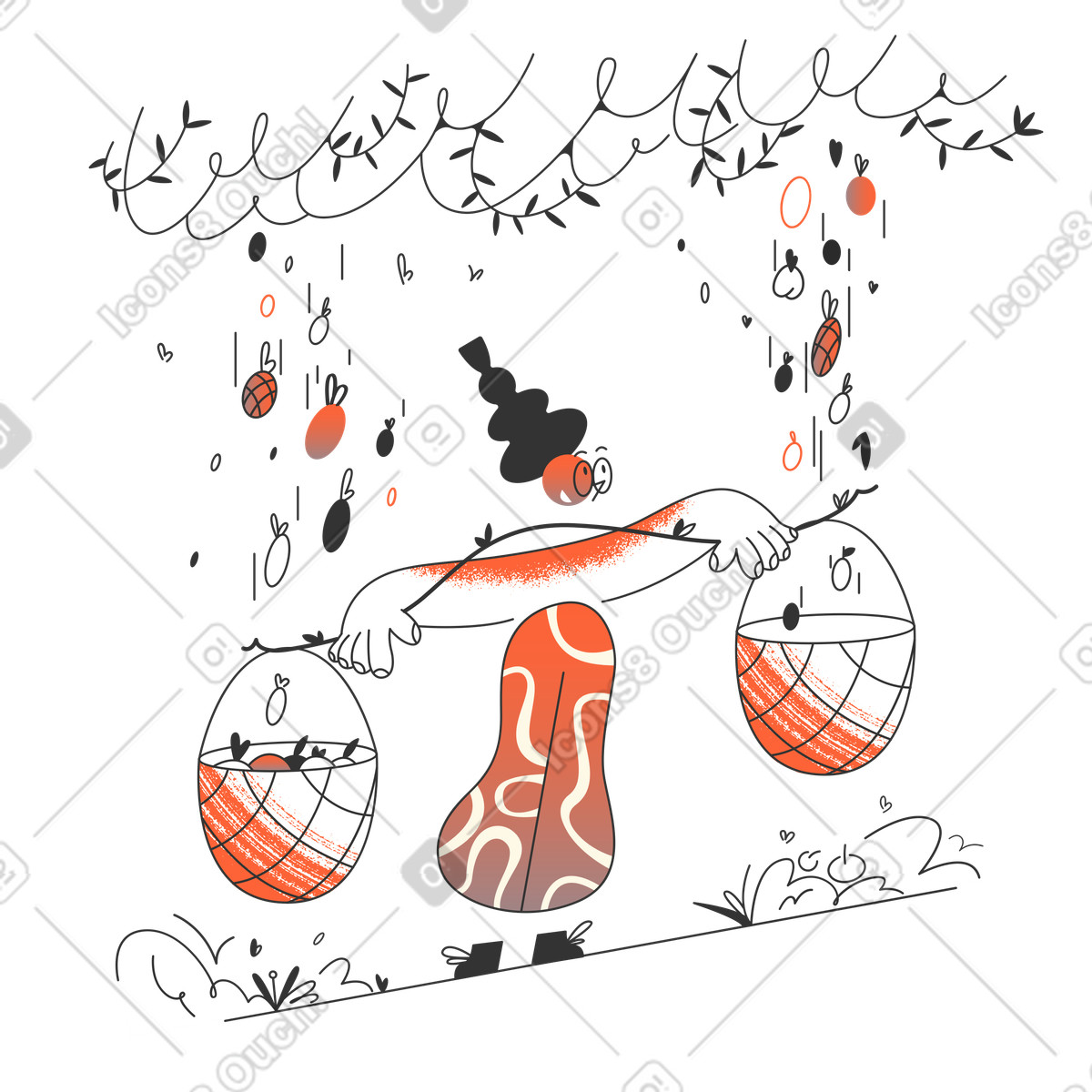 Woman with yoke carrying wicker baskets illustration in PNG, SVG