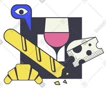 Cuisine française. un verre de vin, une baguette, un croissant et du fromage PNG, SVG