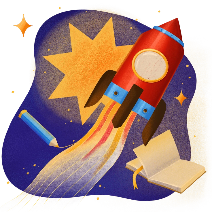 A rocket launching with a star and book - Gleam style illustration