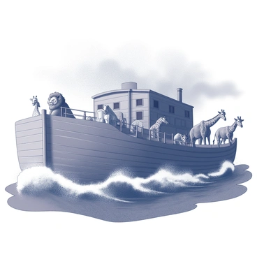 A large, wooden ark is prominently positioned on turbulent seas, with waves crashing against its sides. The structure features multiple levels, with an open deck where pairs of animals are visible. A lion and a lioness sit side by side, their heads turned towards the viewer. A pair of elephants stands near the edge, their trunks raised inquisitively. Nearby, two giraffes peek over the railing, stretching their long necks to get a better look. The sky is dark and overcast, reflecting the stormy atmosphere surrounding the ark as it floats amidst the churning waters.