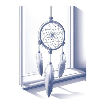 A decorative dreamcatcher is suspended in front of a window. The dreamcatcher features intricate patterns woven from natural materials, with feathers and beads adorning its frame. Sunlight streams through the window, casting shadows and creating a play of light across the floor. The dreamcatcher's delicate web pattern catches the light, enhancing its intricate details. The scene conveys a sense of tranquility and connection to nature.