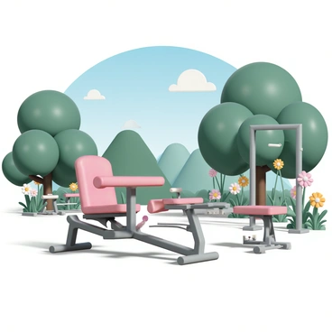 A seated row machine positioned in an open outdoor gym area. The machine is made of metal with bright red padding on the seat and handles. In the background, there are lush green trees and colorful flowering plants, creating a vibrant natural environment. Sunlight filters through the leaves, casting dappled shadows on the ground. Nearby, there are other fitness equipment pieces, such as a weight bench and a pull-up bar, all set against a backdrop of clear blue skies.