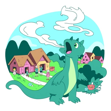 A small teal dragon with bright green eyes is playfully blowing gentle smoke rings into the air. The smoke rings are drifting softly above its head. In the background, a whimsical fantasy village is visible, with colorful houses made of cobblestones and thatched roofs. A few villagers, depicted as tiny figures, are watching the dragon with expressions of delight. Lush greenery surrounds the village, with flowers in vibrant colors blooming along the paths. The sky above is a soft blue, creating a cheerful atmosphere.