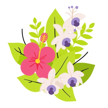 A collection of tropical flowers including "hibiscus" and "orchids" in vibrant colors. The "hibiscus" has large, red petals with a yellow center, while the "orchids" display delicate purple and white patterns. Surrounding the flowers are various "lush green leaves" in different shapes and sizes, creating a rich, full backdrop. The arrangement showcases the diversity and beauty of the tropical flora.