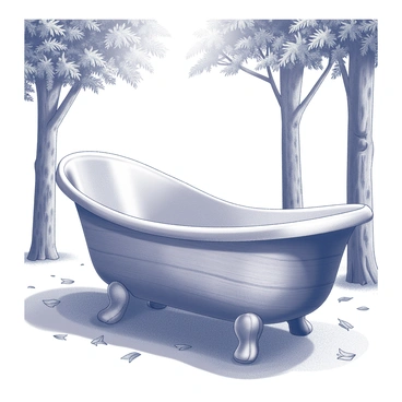 A wooden bathtub surrounded by towering trees and dappled sunlight filtering through leaves