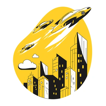A logo featuring an abstract design of flying cars soaring above a detailed, modern cityscape with sleek skyscrapers and intricate digital patterns. The flying cars are streamlined and dynamic, suggesting speed and advanced technology. The cityscape below showcases a variety of building shapes with glowing elements, illustrating a vibrant urban environment. The overall composition is balanced, combining the elements of transport and architecture seamlessly.