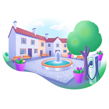 A quaint historical town square filled with cobblestone paths and surrounded by charming old buildings with shutters. In the center, there is a traditional fountain with water gently flowing. Several benches are placed around the square, providing spots for people to sit and relax. Flowers in vibrant colors bloom in planters strategically placed throughout the area. An electric vehicle charger is discreetly positioned next to a tree, blending harmoniously with the surroundings while maintaining a modern touch. The sky above is a soft pastel blue, complementing the overall serene atmosphere of the town square.