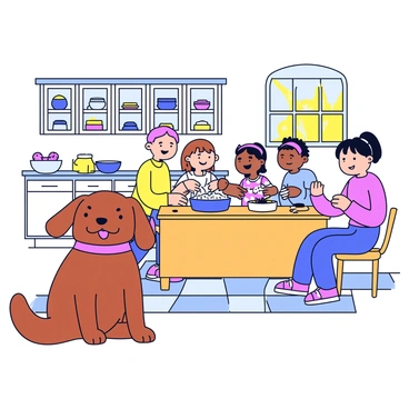A dog sitting in a kitchen, joyfully watching a family bake cookies