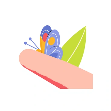 A delicate butterfly with vibrant blue and orange wings is resting on the tip of a human finger. The finger is lightly tanned, contrasting with the colorful wings of the butterfly. The background features a soft green leaf, suggesting a lush garden setting. The butterfly's antennae are gracefully extended, and the sunlight highlights the intricate patterns on its wings.