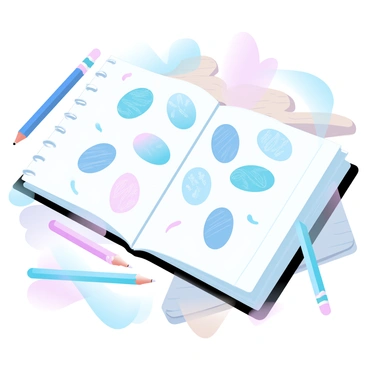 An artist is focused on sketching guitar picks on an open notepad. Each guitar pick is uniquely designed with different patterns and colors. Scattered around the notepad are various colored pencils, some with sharpened tips and others that are shorter from use. The notepad is on a wooden table, and a few completed sketches of guitar picks are visible beside the notepad. There is a subtle play of light illuminating the scene, creating a cozy atmosphere.