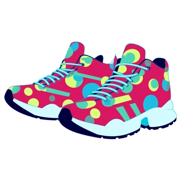 A pair of vibrant sneakers covered in a pattern of large, multicolored polka dots and bold stripes. The sneakers feature exaggerated details with a thick sole and colorful laces. Each sneaker displays a unique combination of colors, including bright red, blue, yellow, and green, creating a playful and eye-catching design. The polka dots vary in size, while the stripes are both horizontal and vertical, adding to the dynamic visual appeal. The background is a contrasting solid color that enhances the brightness of the sneakers.