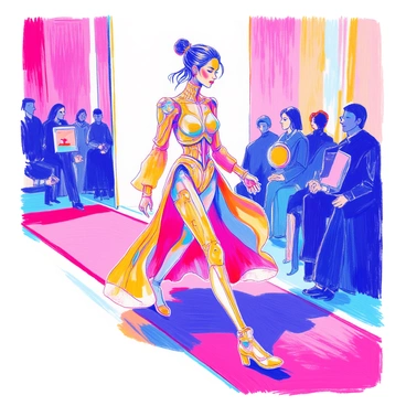 A model is walking on a runway, showcasing a biomechanical dress made of interconnected panels and fluid shapes that mimic human anatomy. The dress has intricate details, including flexible joints and flowing elements that accentuate movement. The model's pose is dynamic, demonstrating the elegance of the design. The lighting highlights the textures and patterns of the dress, creating visual interest. The background features a simple, unobtrusive setting that emphasizes the model and her outfit.