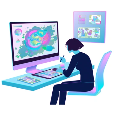 A focused digital artist with short hair and glasses, sitting at a sleek, modern desk. The artist is using a graphics tablet with a stylus, creating a vibrant and colorful artwork on the screen. Surrounding them are various art supplies, including markers and sketchbooks. A glowing computer monitor displays the dynamic piece in progress, filled with bright hues and complex shapes. The room is well-lit, showcasing a creative workspace filled with inspiring artwork on the walls.