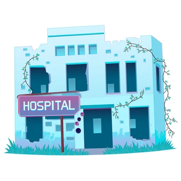 An abandoned hospital with a worn, crumbling facade. The building features large, shattered windows with jagged edges, allowing glimpses of dark, empty rooms inside. Vines creep across the exterior walls, intertwining with the structure and adding to the sense of neglect. The entrance is partially blocked by overgrown weeds, and a rusted sign hangs askew above the door, displaying faded letters. The overall atmosphere reveals a once-bustling place now lost to time, enveloped by nature's reclaiming touch.