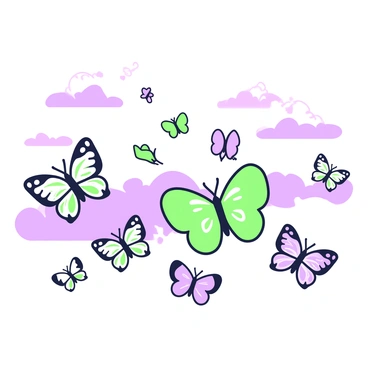 A swarm of butterflies is flying across a sky. The butterflies are of various sizes and patterns, showcasing their wings with intricate designs. There are several butterflies in the foreground, while more are visible in the distance, creating a sense of movement. The sky is expansive and filled with soft clouds, providing a backdrop to the vibrant migration of the butterflies.
