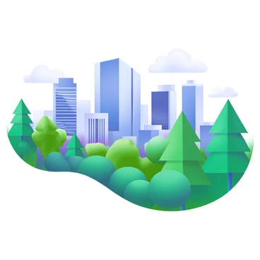 A city skyline featuring tall buildings with glass facades and modern architecture, seamlessly transitioning into a lush forest filled with vibrant green trees. The forest is dense with a variety of foliage, including tall pines and broadleaf trees. In the foreground, there is a clear blue sky with a few fluffy white clouds, enhancing the sense of harmony between the urban cityscape and the natural landscape.