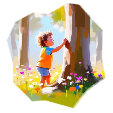 A child with curly hair and bright eyes is playfully knocking on a sturdy wooden tree trunk. The child is wearing a colorful t-shirt and shorts, standing with one foot slightly raised as they lean towards the tree. Their face is illuminated by a big smile, showcasing a sense of joy and curiosity. Surrounding the child is a vibrant natural setting with lush green grass, colorful wildflowers, and tall trees in the background. Soft sunlight filters through the leaves, casting gentle shadows on the ground.