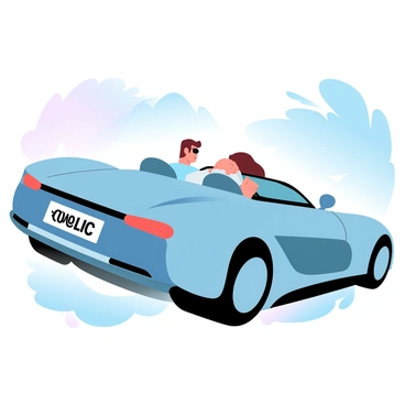 A person is driving a sleek, modern sports car, which glimmers under the sunlight. The car has an aerodynamic design and is painted in a vibrant shade. A prominent license plate on the back of the car reads "Thanks to LIC." The driver, wearing sunglasses, is gripping the steering wheel confidently. The background features a scenic road lined with trees, enhancing the feeling of freedom and adventure.