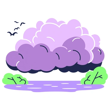 Dark storm clouds are gathering above the Amazon River, creating a dramatic atmosphere. The clouds are dense and swirling, with varying textures that suggest volatility. The river below reflects the ominous sky, with gentle ripples breaking the surface. In the foreground, lush green vegetation lines the riverbank, contrasting with the dark clouds. A few birds are seen flying low over the water, appearing small against the expansive sky. The overall scene conveys a sense of impending weather, with the elements of nature coming together in a powerful display.