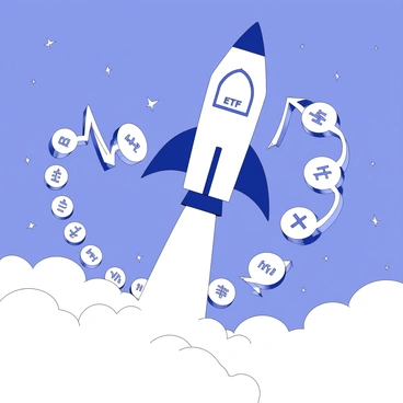 A rocket labeled "ETF" is launching into space. The rocket has sleek, aerodynamic shapes and fins for stability. As it ascends, it leaves behind a trail of stock market tickers, which are arranged in a flowing, dynamic pattern. Each ticker appears distinct, with visible symbols denoting various companies and indices. The scene captures the powerful burst of flame and smoke at the rocket's base, illustrating the force of the launch. The background features a vast expanse of space, dotted with stars, emphasizing the rocket's journey into the unknown.
