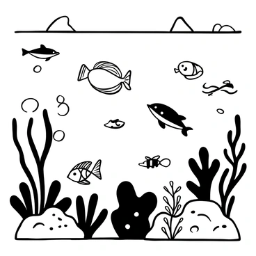 An underwater scene featuring various sea creatures swimming among coral reefs. There are fish of different shapes and sizes, including a large fish with intricate fins, a small clownfish, and a playful dolphin. Thriving coral reefs are present, showcasing unique shapes and textures. Seaweed sways gently in the water, adding to the lively underwater environment.