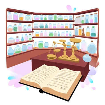 An old-fashioned apothecary shop filled with wooden shelves lined with glass jars of various shapes and sizes. Some jars are filled with colorful herbs and dried flowers, while others contain powders and liquids in shades of amber and green. In the center of the shop, there is a sturdy wooden counter with a set of brass scales sitting on it. The scales have gold weights placed carefully on one side, and numerous small bottles are arranged neatly beside them. A large book with yellowed pages is open on the counter, displaying handwritten notes about remedies. Warm, gradient pastel colors fill the space, creating a nostalgic atmosphere.