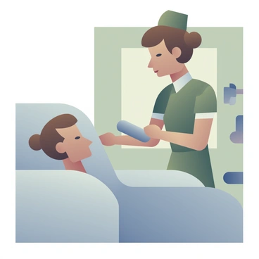 A vintage nurse wearing a World War II uniform is tending to a patient in a hospital room, equipped with a medical kit and looking attentive. The nurse has her hair styled in a period-appropriate manner while the patient lies on a bed, appearing grateful for the care. The room is furnished with medical equipment typical of the era, including a bedside table and a window letting in soft light.