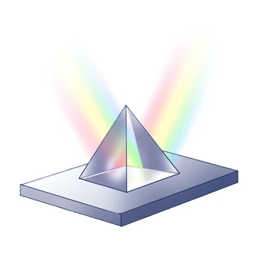 A prism sits on a flat surface, allowing light to enter from one side. Rays of light pass through the prism and bend, creating distinct spectrums. The resulting rainbow effect is visibly emitted on the opposite side of the prism, showcasing a gradient of colors. The surrounding area is minimally cluttered, emphasizing the prism and the bending light. The background is plain, drawing focus to the interaction of light and the prism.