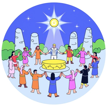 A scene depicting an ancient civilization gathered in a large open space, surrounded by stone structures and lush greenery. The people are dressed in simple, flowing garments made from natural fibers. In the center, there is a large, intricately carved altar, and atop it rests a glowing pulsar symbol, radiating bright light. The group is arranged in a circle around the altar, with some individuals holding hands while others are raising their arms in reverence towards the pulsar. The sky above is clear, showcasing a starry night with the pulsar prominently visible, emitting beams of light that shine down on the gathering.