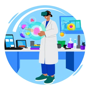 A scientist wearing a sleek virtual reality headset stands in a modern lab filled with high-tech equipment. The scientist is interacting with colorful holographic displays that depict various data visualizations and 3D models. A large monitor in the background shows a digital interface with graphs and simulations. The lab is illuminated by soft blue and green lights, highlighting the advanced technology surrounding the scientist. Various gadgets and devices are neatly arranged on a clean workstation, enhancing the futuristic atmosphere of the scene.