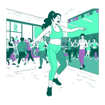 A teal dance trainer is leading a lively fitness class in a spacious dance studio. The trainer has a big smile and is wearing bright workout attire. Around the trainer, a diverse group of participants, dressed in various colorful outfits, are enthusiastically following the movements. The studio is filled with large mirrors on one wall, reflecting the energetic atmosphere. Brightly colored banners hang from the ceiling, adding to the vibrant ambiance. The wooden floor is polished and reflects the light from the large windows, which allow natural light to fill the space.