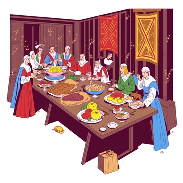 A duotone illustration shows a grand medieval banquet scene. A long wooden table stretches across the image, laden with an abundance of food, including roasted meats, large loaves of bread, and bowls of colorful fruits. Noble figures, dressed in elaborate period attire, are seated at the table, some engaged in animated conversation while others raise goblets in a toast. Richly decorated banners hang from the walls, and flickering candlelight casts warm shadows throughout the hall. The setting is lively, with servants moving about, adding to the bustling atmosphere of the feast.