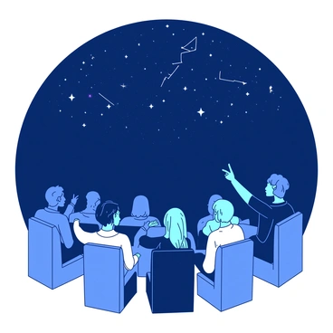 A group of people is sitting in a darkened planetarium, looking up at a large domed ceiling filled with "stars" and "constellations" projected above them. Some visitors are leaning back in their seats, while others are pointing excitedly at specific "constellations." The room is illuminated with a soft glow from the "star" projections, creating an atmosphere of wonder. The audience consists of individuals of various ages, all captivated by the celestial display overhead.
