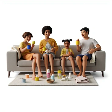 A family of four is gathered in a cozy living room, each person sitting on comfortable cushions. The parents, a mother with curly hair and a father with short, dark hair, are smiling as they apply colorful foot masks to their feet. The two children, a girl with pigtails and a boy with tousled hair, are giggling as they take turns painting each other's toenails with bright nail polish. Around them are various foot care supplies including foot creams, towels, and a bowl of warm water. The atmosphere is relaxed and cheerful, with soft lighting highlighting their joyful expressions.