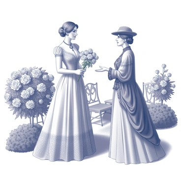 Two Victorian ladies are engaged in conversation in a beautifully arranged garden. One lady, wearing a long, flowing gown with a high neckline and intricate lace details, delicately holds a bouquet of blooming roses. The other lady, adorned in a similar elegant dress adorned with ruffles and a wide-brimmed hat, gestures gracefully towards the vibrant rose bushes surrounding them. The garden is filled with various rose plants, showcasing different sizes and textures. A well-manicured pathway is visible, leading deeper into the lush greenery, while ornate garden furniture can be seen in the background, enhancing the serene atmosphere of the scene.
