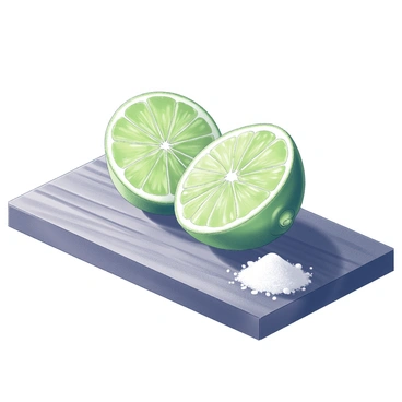 A lime cut in half, showcasing its bright green interior with sections of pulp and seeds visible. The two halves are arranged with the cut sides facing up, with droplets of juice glistening on the surface. Beside the lime, there is a small mound of salt, its crystalline texture contrasting with the smooth surface of the table. The table is made of wood, featuring a rich grain that adds to the natural setting of the scene.