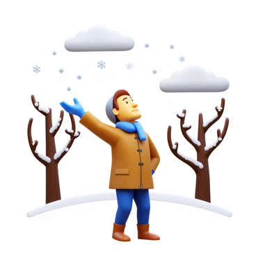 A person standing outside with their face turned upward, looking expectantly at the sky. Their hand is outstretched, fingers open wide, ready to catch a snowflake. The person's clothing is a warm winter coat, and they are wearing gloves. Snow is gently falling from the gray clouds above, creating a soft white blanket on the ground. The environment features bare trees in the background, their branches dusted with snow, and the air appears crisp and cool.