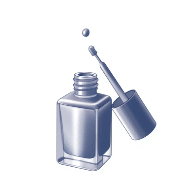 A close-up of an opened nail polish bottle. The bottle is glass, reflecting light in sharp angles, and it is positioned upright. The cap is removed and placed beside the bottle. The nail polish is drizzling out of the opening, creating a smooth, flowing line. The polish appears glossy and thick, forming small droplets as it falls. The background is softly blurred to emphasize the bottle and the dripping polish.