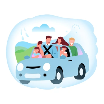 A family is sitting inside a car, with two adults in the front seats and two children in the back. The adults are wearing seatbelts, and the children are holding colorful toys. The car is surrounded by a translucent, glowing shield that creates a protective barrier around it. The background features a sunny landscape with green hills and a blue sky. There are faint symbols of safety and security integrated into the shield, representing comprehensive car insurance.