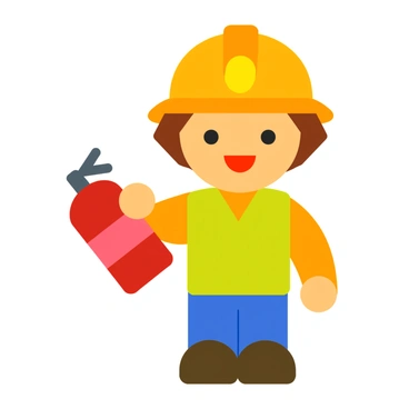 A child wearing a fire safety helmet, holding a toy fire extinguisher, is practicing the proper technique during a fire safety drill.