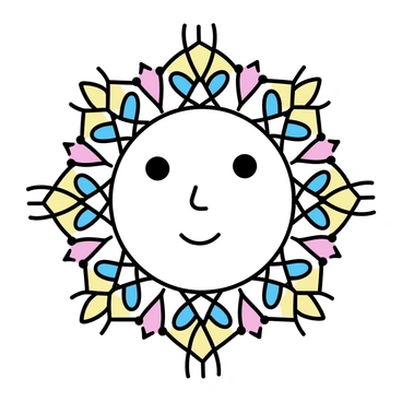 A close-up of a human face, with features such as eyes, nose, and mouth clearly visible. The face is surrounded by symmetrical patterns radiating outward, resembling a kaleidoscope effect. Vibrant colors fill the patterns, creating intricate designs that mirror each other across the central face. The overall composition emphasizes the symmetry and the harmonious blend of the face and the kaleidoscopic designs.